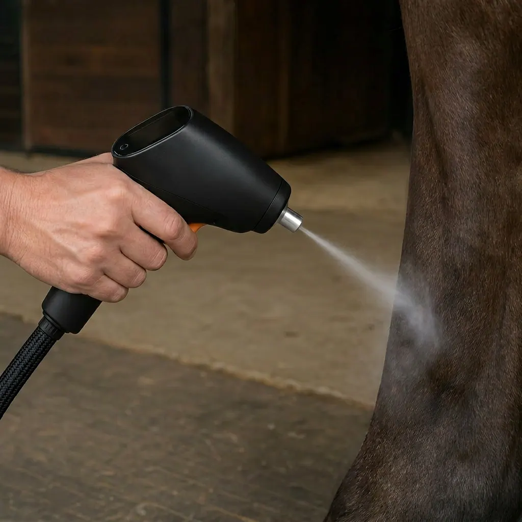 Equine therapist using the World Cryo device on a horse's tendon