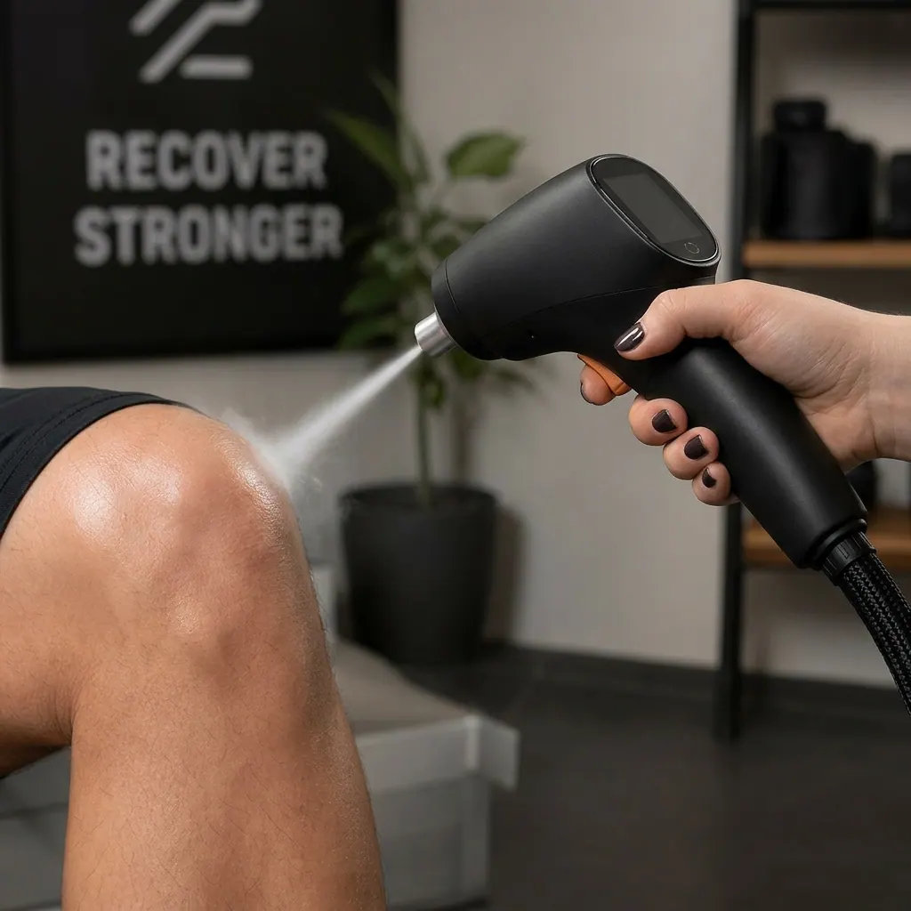 World Cryo device applied to athlete's knee in clinical setting