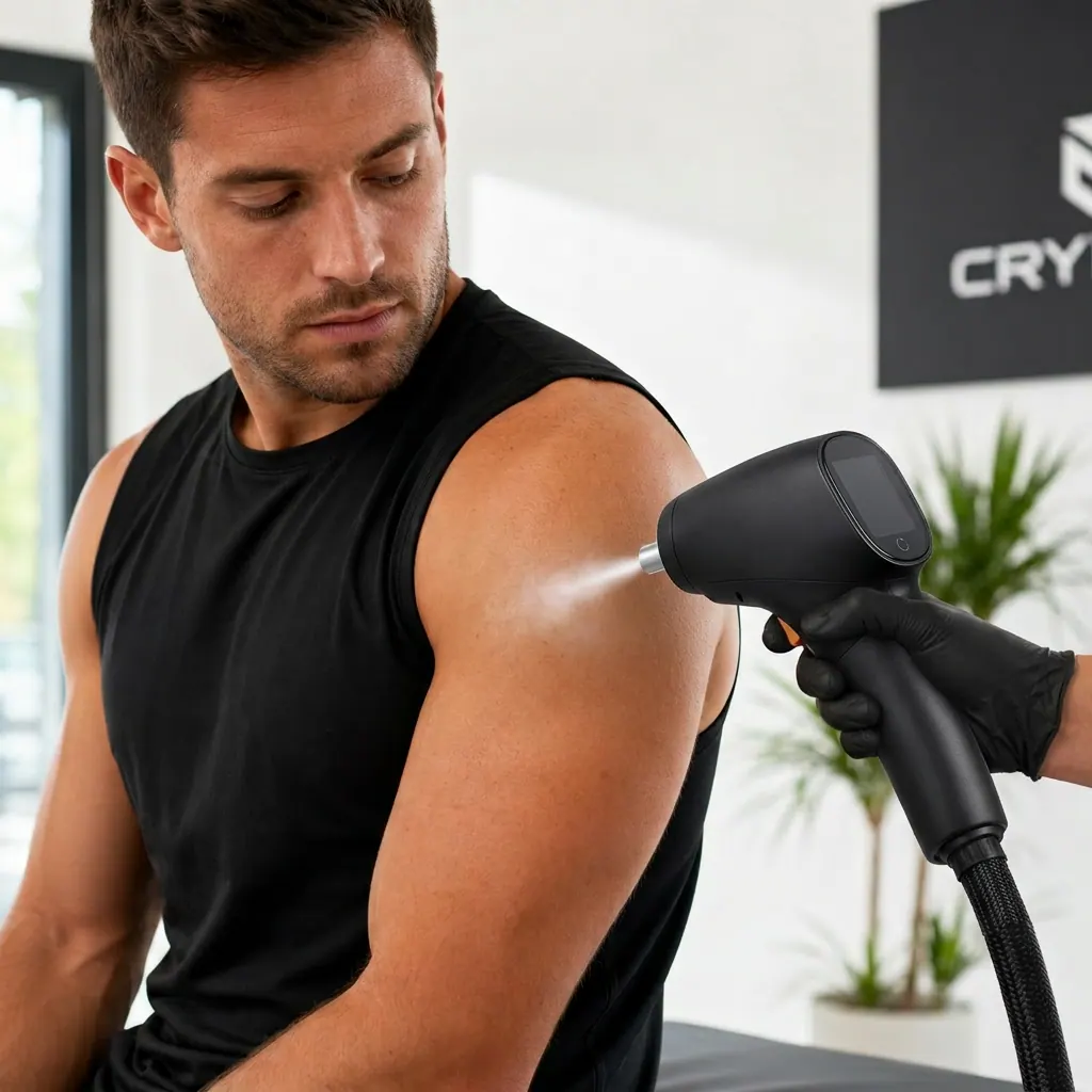 Sports therapist applying the World Cryo device to an athlete's shoulder