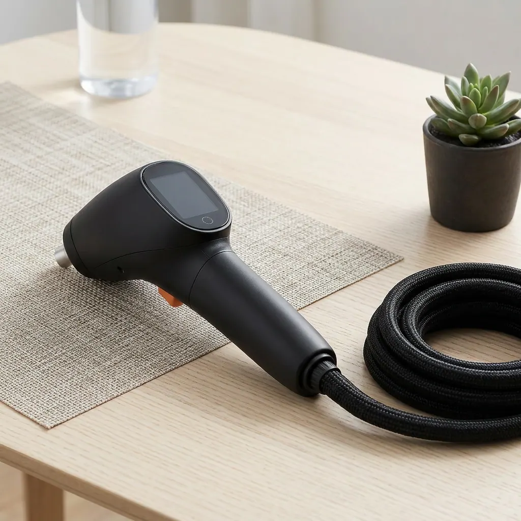World Cryo device on a polished surface with braided CO₂ supply hose